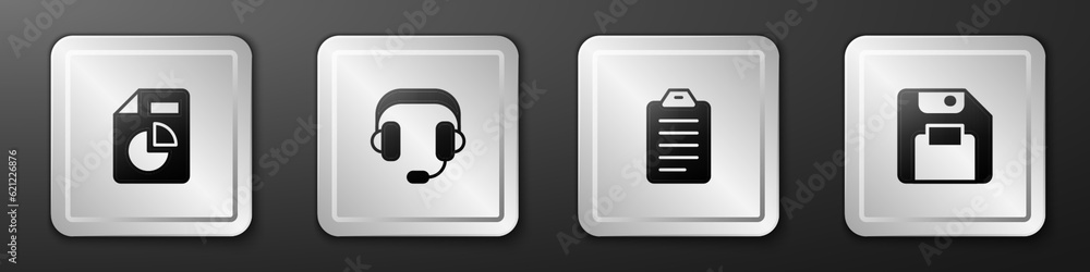 Poster set document with graph chart, headphones, to do list or planning and floppy disk icon. silver squar