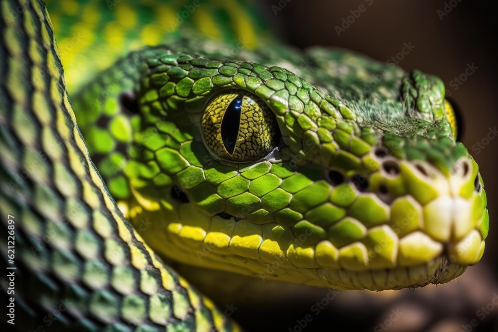 Poster close-up view of the head of a green snake with its tongue out. generative ai