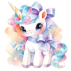 Fototapeta na wymiar Cute Fairy Unicorn in watercolor style