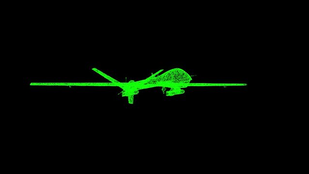 3D Military drone rotates on black background. Modern Military Copter Technology concept. Aerial Weapon, Unpilot aircraft. For title, text, presentation. Shimmering particles. 3d animation 60 FPS