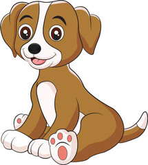 Happy cartoon puppy sitting, Portrait of cute little dog wearing collar. Dog friend. Vector illustration. Isolated on white background.