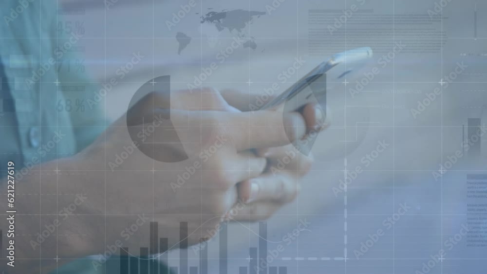 Poster animation of financial data processing over caucasian businessman using smartphone