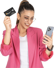 Using smartphone and credit card, portrait of young brown haired beautiful woman using smartphone and credit card. Businesswoman wearing pink jacket. Shopping online in application. Excited girl. 