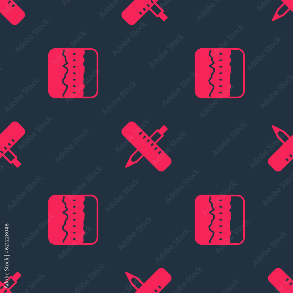 Aufkleber set soil ground layers and crossed ruler and pencil on seamless pattern. vector