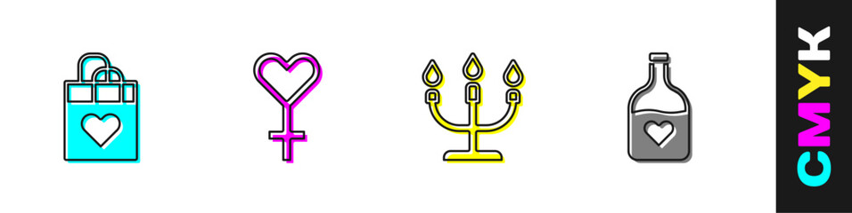 Set Shopping bag with heart, Female gender symbol, Candlestick and Bottle love potion icon. Vector