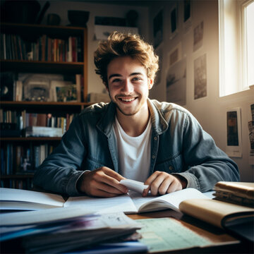 portrait of a young man reading and studying in his book in the libary created by generative AI