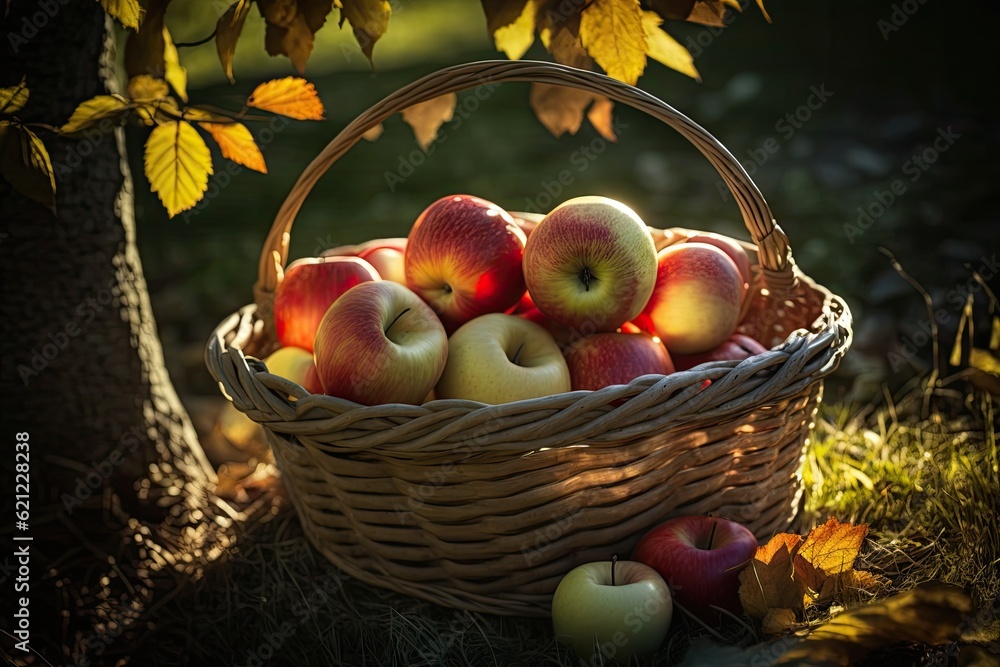 Poster basket of ripe red apples nestled under a leafy tree. generative ai