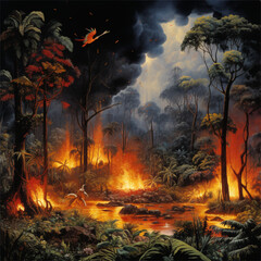 A burning rainforest where slash and burn is happening which increases climate change from which wild animals flee from the fire created with generative AI