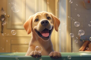 Generative AI Funny dog sitting in bathroom waiting for grooming. Banner for pet shop, grooming salon. A charming happy labrador with soap bubbles. Cartoon style.