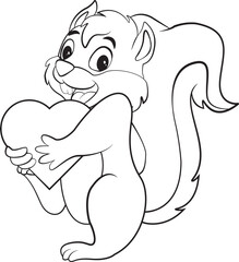 Cute cartoon squirrel and love. Vector illustration black and white of an animal