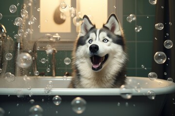 Generative AI Funny dog sitting in bathroom waiting for grooming. Banner for pet shop, grooming salon. Charming happy blue-eyed grey Siberian husky with soap bubbles.