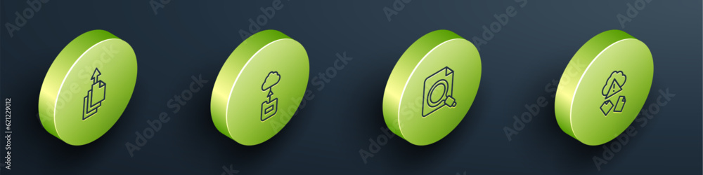 Poster set isometric line data export, cloud technology data transfer, search concept with folder and hacki