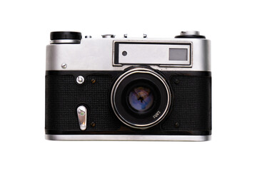 Vintage metal stylish film camera.  Transparent background, png.