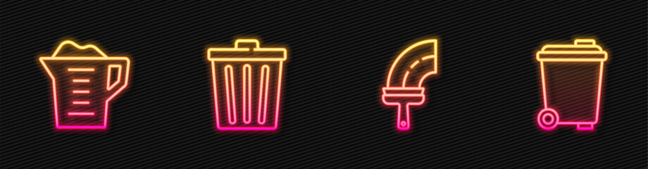 Set line Rubber cleaner for windows, Washing powder, Trash can and . Glowing neon icon. Vector