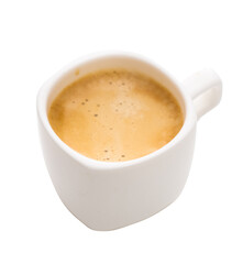 White cup of coffee with foam on a saucer, Fragrant cappuccino with milk ea order. An invigorating...