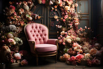 vintage studio shot full of flowers with a pink chair, backdrop template