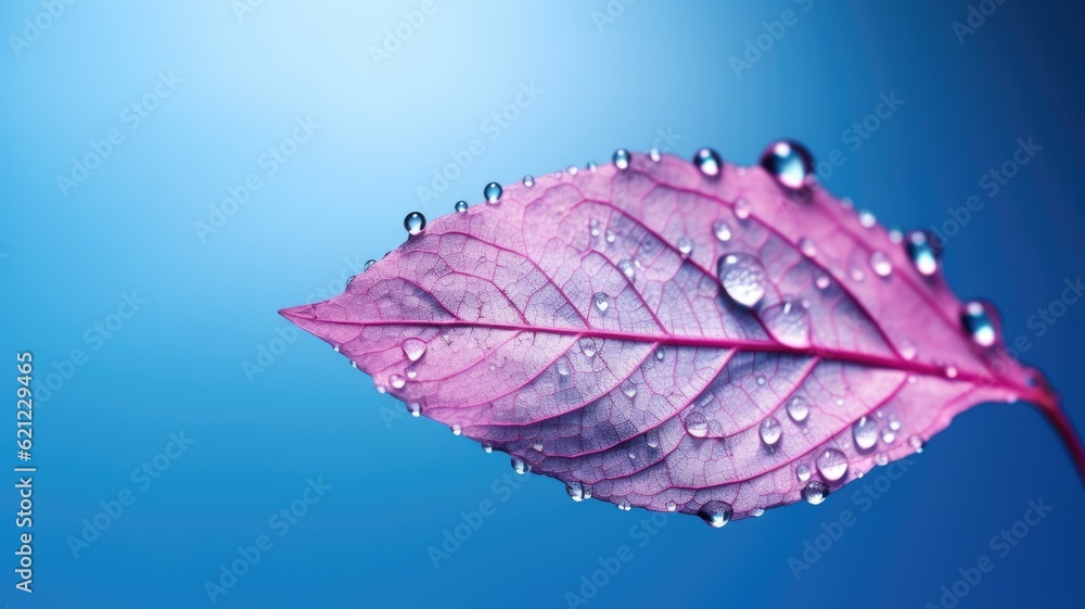 Poster the close-up of transparent skeleton leaf with water drops on beautiful texture in a blue and pink b