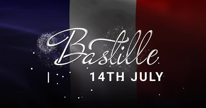 Bastille Day Lettering Text Animation on the waving French flag background. Handwritten modern text calligraphy is great for Celebrations of French society. Bonne Fete Nationale 14 Juillet