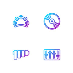 Set line Sound mixer controller, Pan flute, Tambourine and Vinyl disk. Gradient color icons. Vector