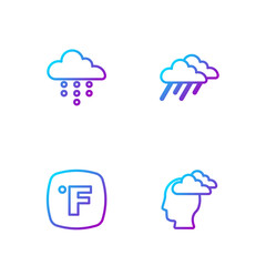Set line Man having headache, Fahrenheit, Cloud with rain and . Gradient color icons. Vector