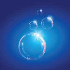 Set of clean water, soap, gas or air bubbles with reflection on transparent background. Realistic underwater vector illustration.