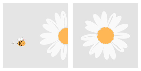 Fototapeta Daisy flower and bee cartoon on grey backgrounds vector illustration. Cute wall art decoration. obraz