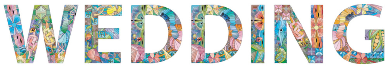 The word WEDDING. Colorful day of the week card.