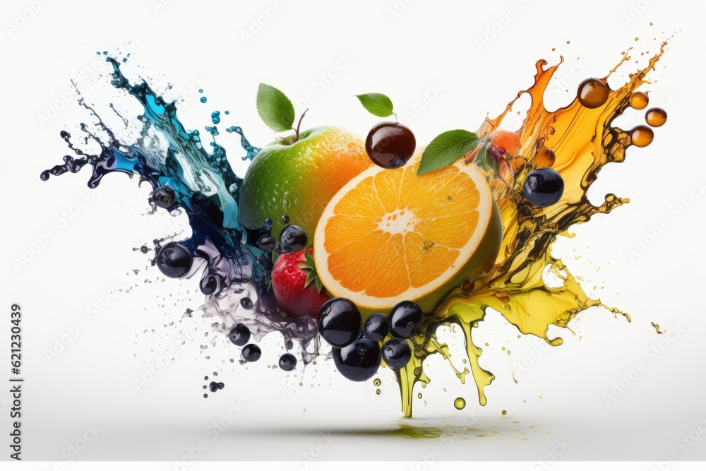 Wall mural colorful fruits with paint splatters. Generative AI