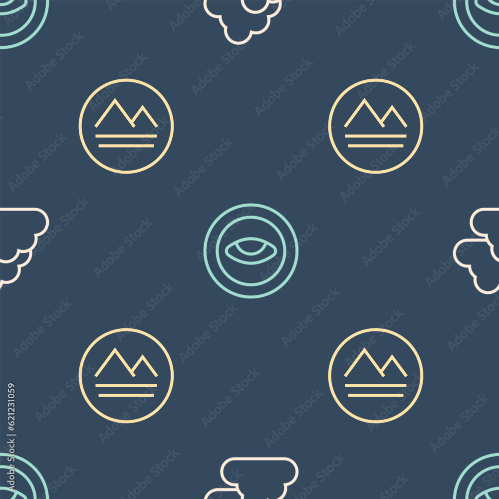 Poster set line cloudy weather, earth element and medallion with eye on seamless pattern. vector