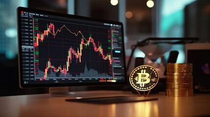 Abstract glowing graphics and cryptocurrency, business graphics background. Created with Generative Ai technology.