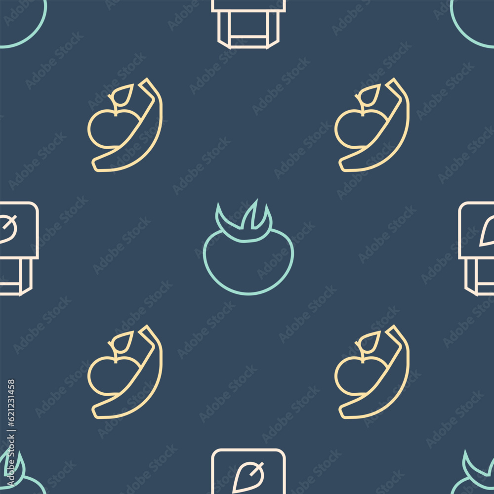 Poster set line shopping bag with recycle, apple and banana and tomato on seamless pattern. vector