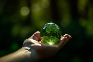 Hand holding a glass sphere