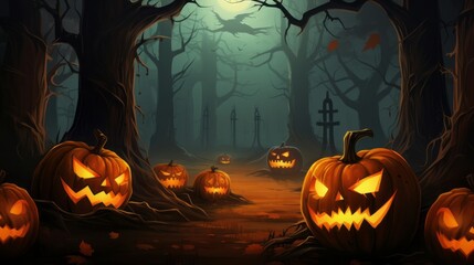 Generative AI dark illustration of halloween themed scene. A full moon in forest, silhouettes of trees and lot of orange pumpkin lamps. A symbol happy Halloween. Horizontal Web banner with copy space.