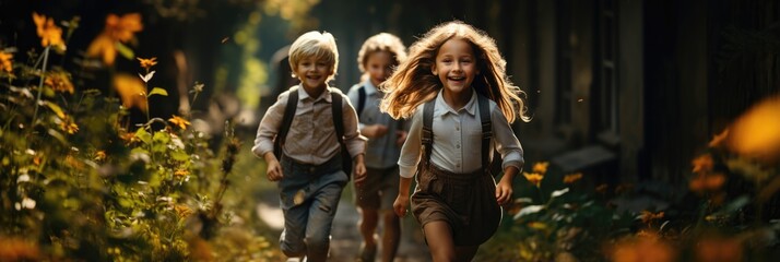 Naklejka premium Schoolchildren With A Schoolbag Happily Running To School Background With A Misty Morning In A Dense Forest With Rays Of Sunlight Breaking Through The Trees. Generative AI