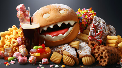 Unhealthy products. food bad for figure, skin, heart and teeth.