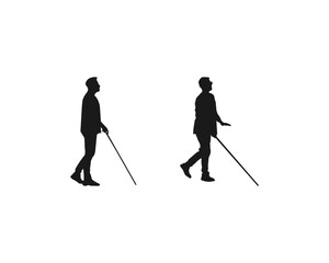 Silhouette of man walking with a cane. blind man is walking on the street with his stick. Young man was crossing the road with the help of his cane.Vector black flat icon isolated on white background.