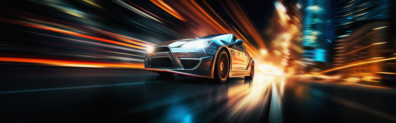 car drives fast through the big city. speed concept. Generative AI