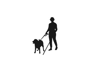Blind girl walking with a guide dog. Dog guide silhouette old woman holding pet by cane thin stick vector illustration isolated on white. Vector black flat icon isolated on white background.