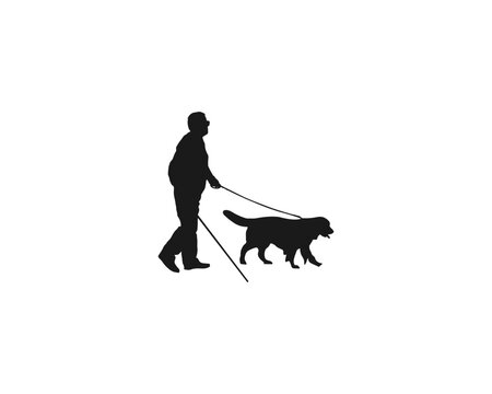 Old Man Blind With Guide Dog Walking. Dog Guide Silhouette Old Man Holding Pet By Cane Thin Stick Vector Illustration Isolated On White. Vector Black Flat Icon Isolated On White Background.