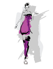 Beautiful young girl in stylish clothes. Fashion woman look. Sale concept. Hand-drawn fashion illustration. Cute girl in fashion clothes.