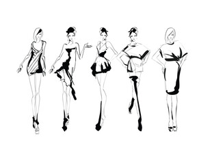 Set of young beautiful women in stylish clothes. Fashion sketch.