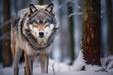 Foto op Aluminium a grey wolf stands in the snow  © wiizii