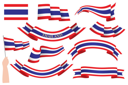 Collection set of Thai Flag Ribbon waving isolated vector, Thailand