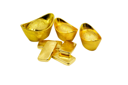 Traditional chinese gold ingots or bullion nugget with 4 chinese words Zhao Cai Jin Bao mean wish you wealth and success with gold bars in png format