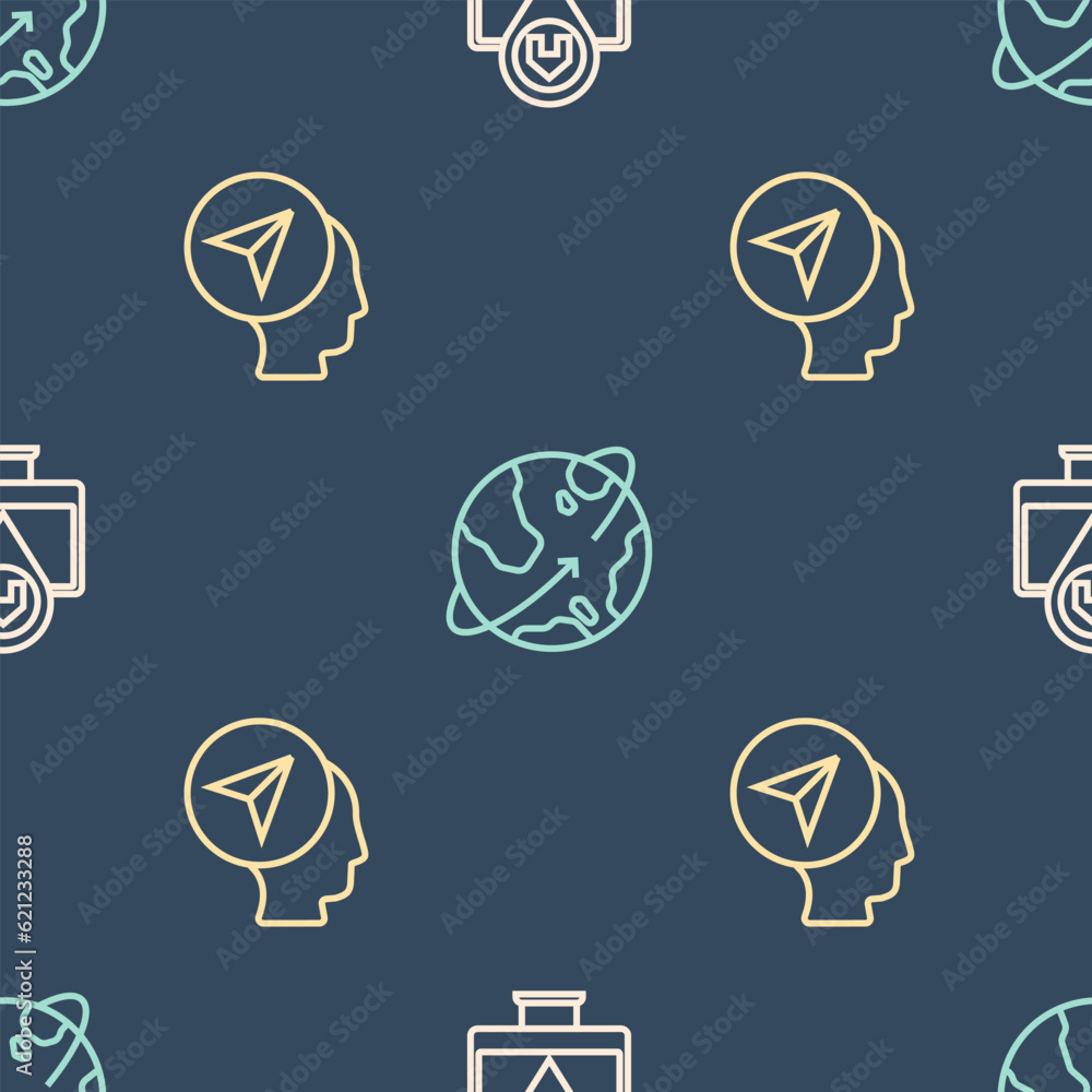 Poster set line monitor with map location, map marker human and satellites orbiting the earth on seamless p