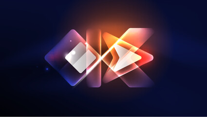 Abstract background landing page, glass geometric shapes with glowing neon light reflections, energy effect concept on glossy forms