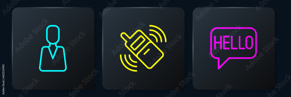 Poster set line employee, hello in different languages and mobile phone. black square button. vector