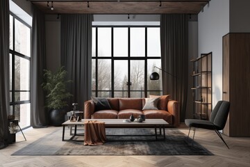 Obraz premium spacious and cozy living room with natural light shining through large windows. Generative AI