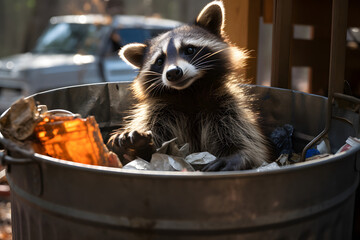a raccoon on a metal trash