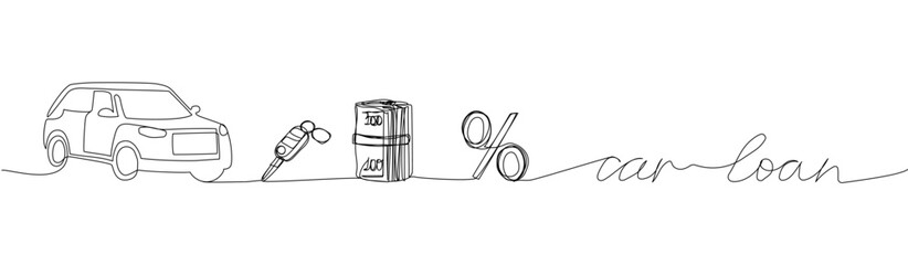 Fototapeta premium Car loan, money, car, keys, credit, interest rate one line art. Continuous line drawing of bank, financial, payment, data, economic, wealth credit with an inscription, lettering, handwritten.